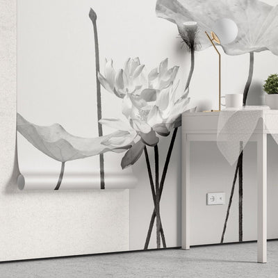 fototapet personalizat floral cu flori in tonuri de gri cu un aspect delicat si artistic ideal pentru un decor calm grayscale blossom