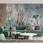 Tapet personalizat floral cu flori de camp in nuante delicate de albastru creand o atmosfera senina si proaspata blue wildflowers