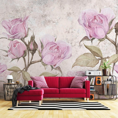 tapet personalizat floral cu trandafiri roz pe un fundal cu aspect de stucada oferind un aer romantic si vintage pink stucco roses