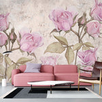 Tapet personalizat floral cu trandafiri roz pe un fundal cu aspect de stucada oferind un aer romantic si vintage pink stucco roses