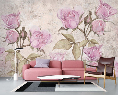 tapet personalizat floral cu trandafiri roz pe un fundal cu aspect de stucada oferind un aer romantic si vintage pink stucco roses