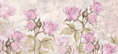 tapet personalizat floral cu trandafiri roz pe un fundal cu aspect de stucada oferind un aer romantic si vintage pink stucco roses