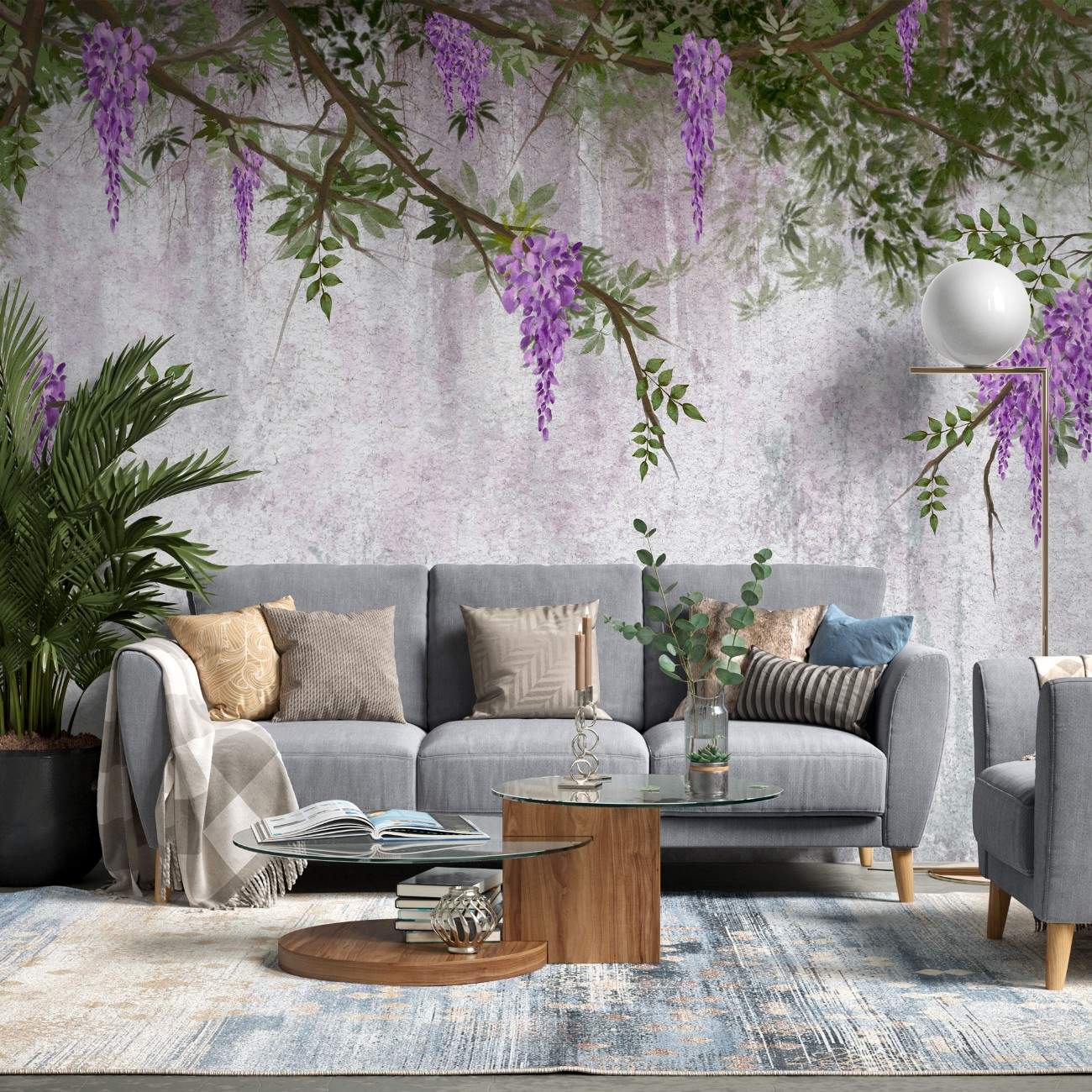 tapet personalizat floral cu flori de wisteria ce acopera un perete creand o imagine luxurianta si un sentiment de gradina interioara wisteria wall