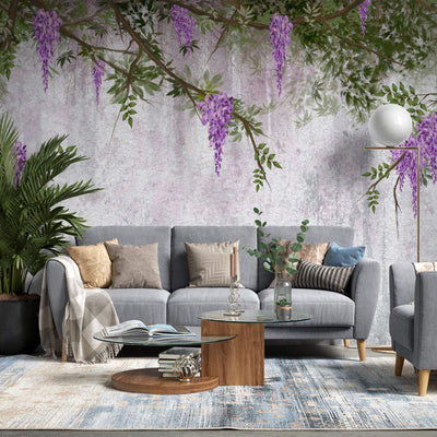 tapet personalizat floral cu flori de wisteria ce acopera un perete creand o imagine luxurianta si un sentiment de gradina interioara wisteria wall