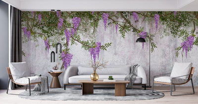 tapet personalizat floral cu flori de wisteria ce acopera un perete creand o imagine luxurianta si un sentiment de gradina interioara wisteria wall