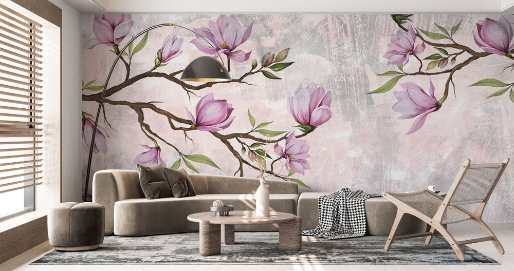 Tapet personalizat floral cu o ramura eleganta de magnolie cu flori delicate ce aduc rafinament si frumusete naturala magnolia branch