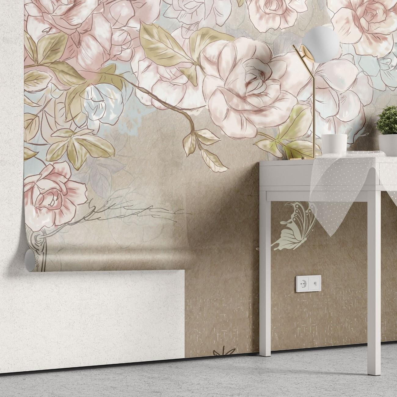 tapet personalizat floral cu flori stilizate cu o textura ce aminteste de desenul cu creionul oferind un aspect artistic si original crayon blossom