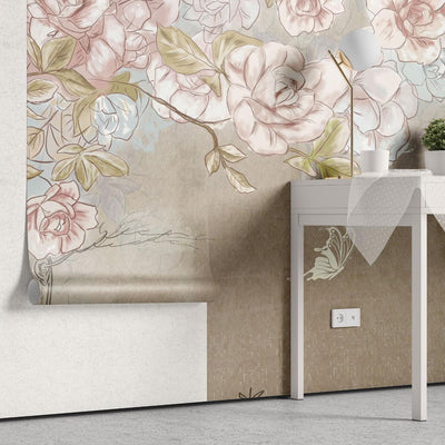 tapet personalizat floral cu flori stilizate cu o textura ce aminteste de desenul cu creionul oferind un aspect artistic si original crayon blossom