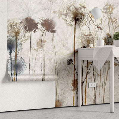 tapet personalizat floral cu o ilustratie a unei flori de papadie in nuante de sienna aducand o nota de delicatete si o caldura pamantie sienna dandelion