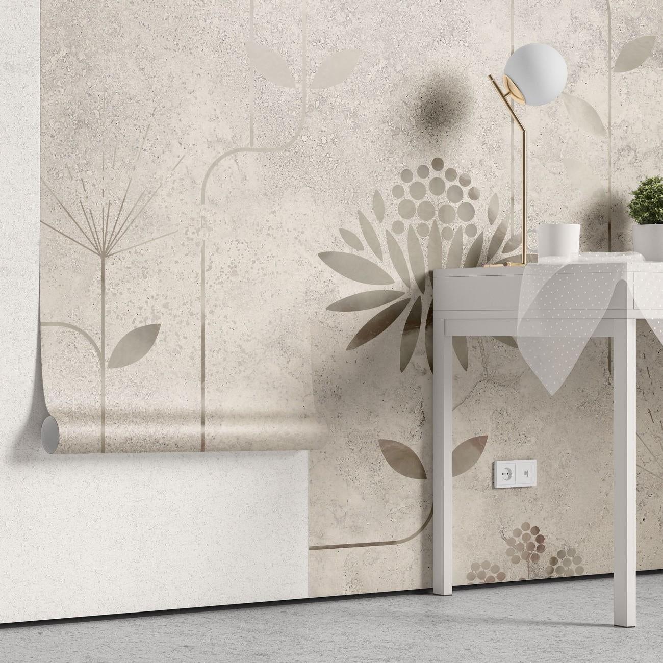 tapet personalizat floral cu flori minimalist stilizate pe un fundal cu aspect de stucada pentru un design modern si aerisit minimalist stucco flowers