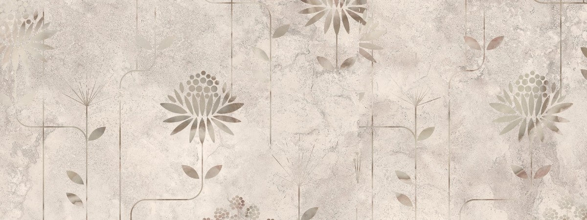 tapet personalizat floral cu flori minimalist stilizate pe un fundal cu aspect de stucada pentru un design modern si aerisit minimalist stucco flowers