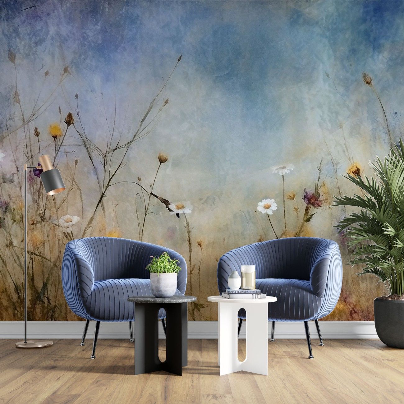 tapet personalizat floral cu flori de camp pictate in tonuri intunecate ce aduc o nota de mister si o eleganta rustica painted wildflowers dark