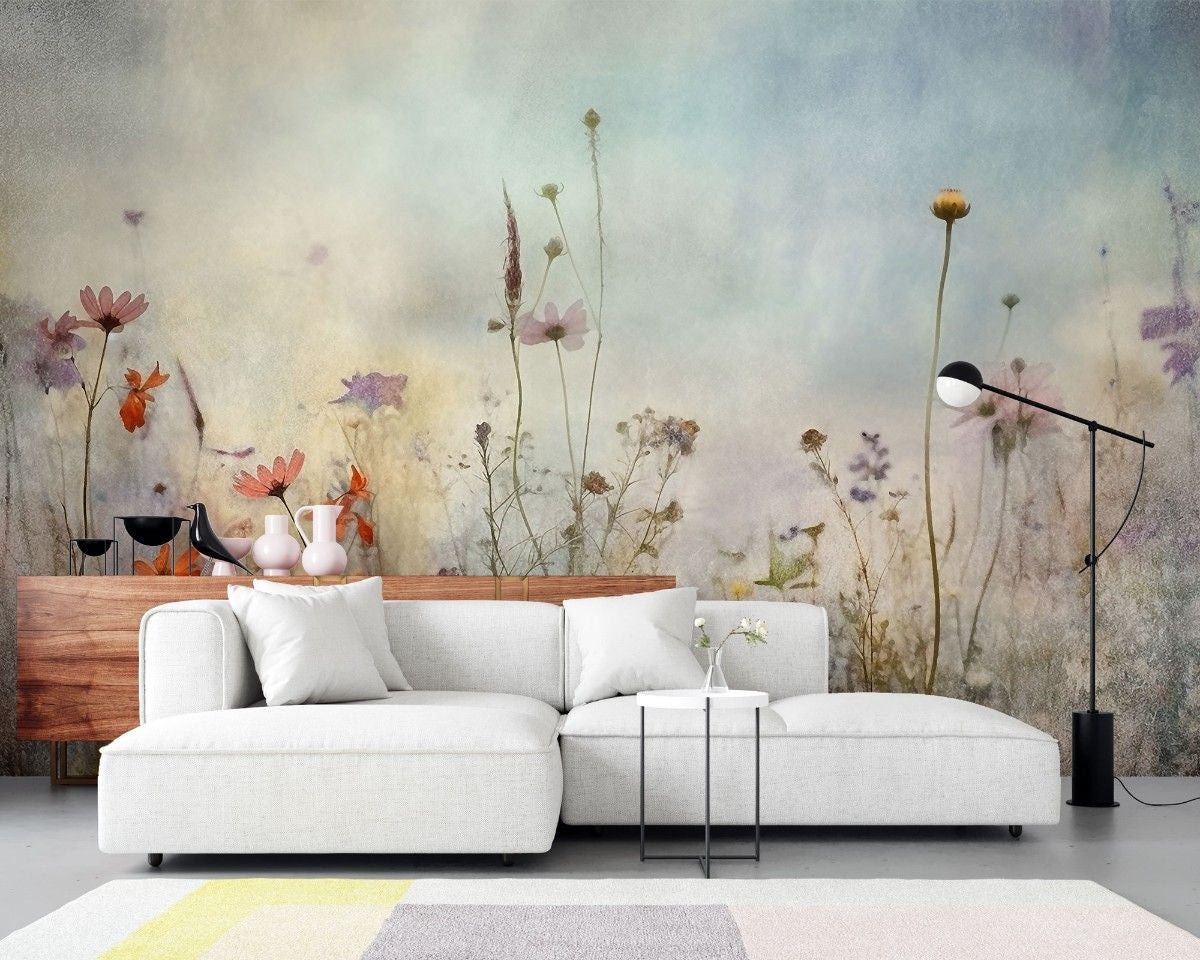 tapet personalizat floral cu flori de camp pictate in nuante deschise ce aduc o nota de prospetime si o eleganta rustica painted wildflowers light
