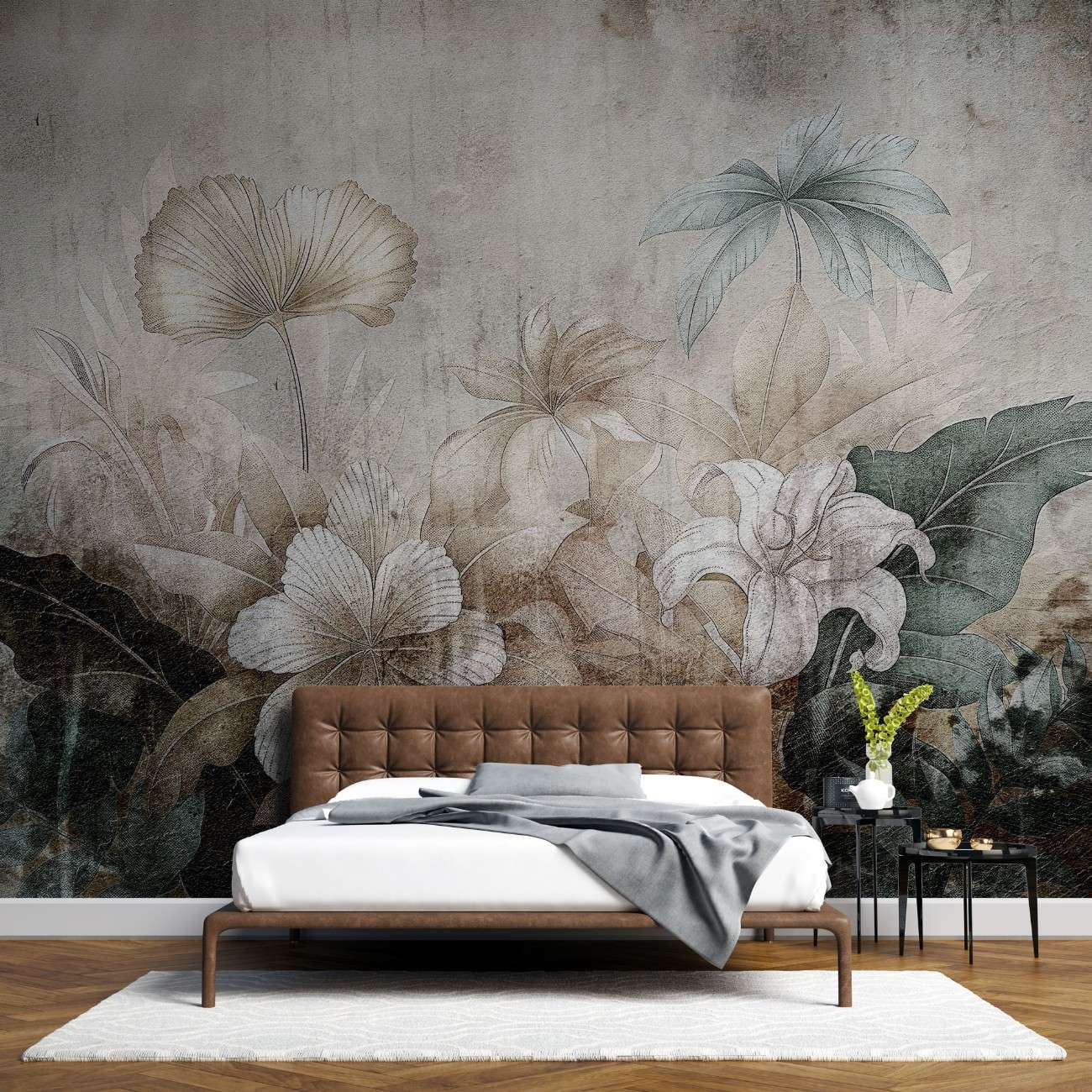 tapet personalizat floral cu flori stilizate pe un fundal ce imita o fresca oferind un aspect clasic si atemporal fresco flowers