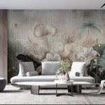 Tapet personalizat floral cu flori stilizate pe un fundal ce imita o fresca oferind un aspect clasic si atemporal fresco flowers