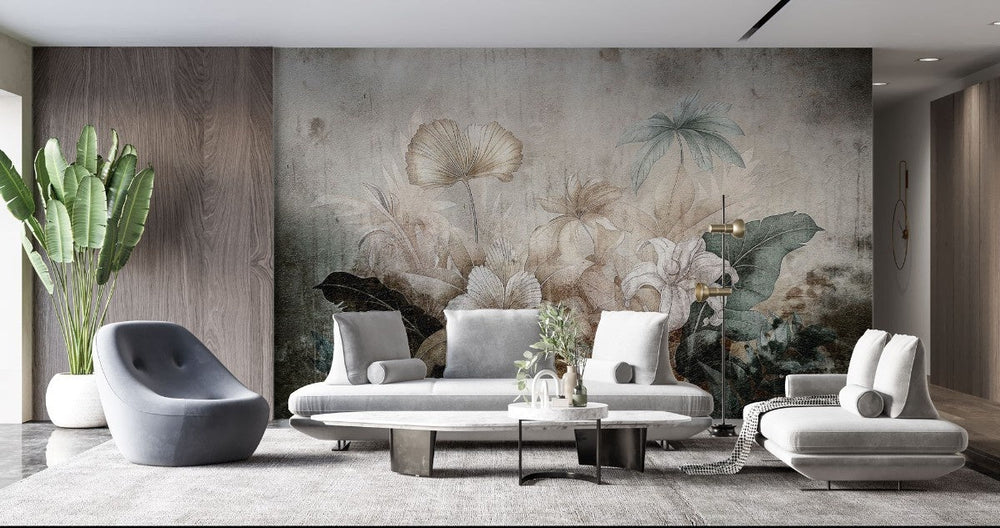 Tapet personalizat floral cu flori stilizate pe un fundal ce imita o fresca oferind un aspect clasic si atemporal fresco flowers