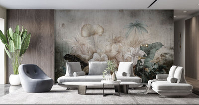 tapet personalizat floral cu flori stilizate pe un fundal ce imita o fresca oferind un aspect clasic si atemporal fresco flowers