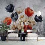 Tapet personalizat floral cu flori de lalea in nuante de negru si rosu creand un contrast puternic si o declaratie de stil indrazneata black 'n red tulips