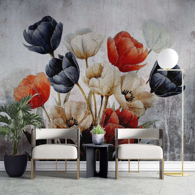 tapet personalizat floral cu flori de lalea in nuante de negru si rosu creand un contrast puternic si o declaratie de stil indrazneata black 'n red tulips
