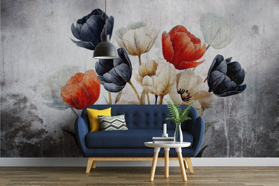 tapet personalizat floral cu flori de lalea in nuante de negru si rosu creand un contrast puternic si o declaratie de stil indrazneata black 'n red tulips