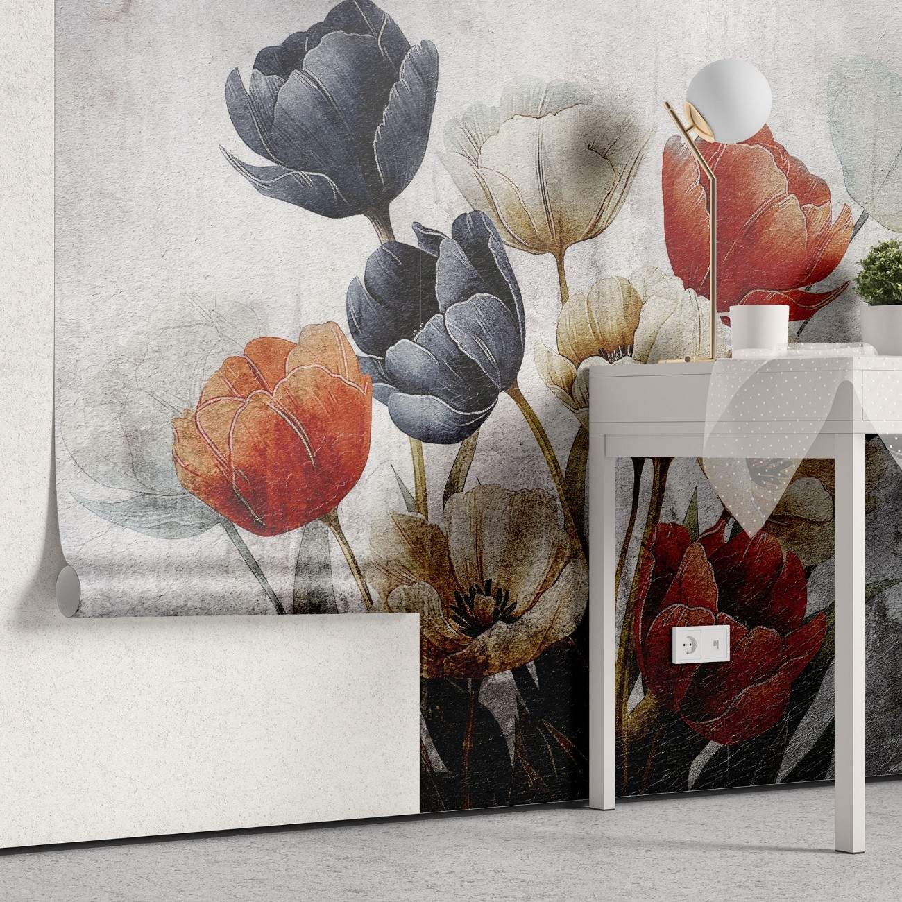 tapet personalizat floral cu flori de lalea in nuante de negru si rosu creand un contrast puternic si o declaratie de stil indrazneata black 'n red tulips