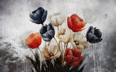 tapet personalizat floral cu flori de lalea in nuante de negru si rosu creand un contrast puternic si o declaratie de stil indrazneata black 'n red tulips