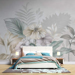 Tapet personalizat floral cu flori stilizate pe un fundal cu aspect de finisaj stucco in tonuri pastelate pentru un decor elegant si subtil soft stucco flowers