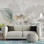 Tapet personalizat floral cu flori stilizate pe un fundal cu aspect de finisaj stucco in tonuri pastelate pentru un decor elegant si subtil soft stucco flowers