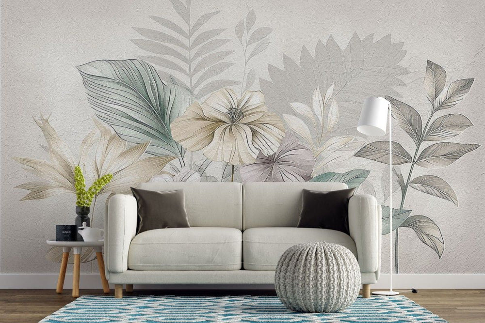 Tapet personalizat floral cu flori stilizate pe un fundal cu aspect de finisaj stucco in tonuri pastelate pentru un decor elegant si subtil soft stucco flowers