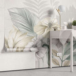 Tapet personalizat floral cu flori stilizate pe un fundal cu aspect de finisaj stucco in tonuri pastelate pentru un decor elegant si subtil soft stucco flowers