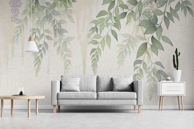 tapet personalizat floral cu flori de wisteria in nuante delicate creand o cascada vizuala ce aduce un sentiment de liniste si armonie soft wisteria