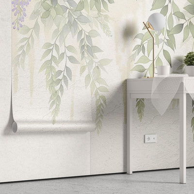 tapet personalizat floral cu flori de wisteria in nuante delicate creand o cascada vizuala ce aduce un sentiment de liniste si armonie soft wisteria