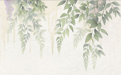 tapet personalizat floral cu flori de wisteria in nuante delicate creand o cascada vizuala ce aduce un sentiment de liniste si armonie soft wisteria