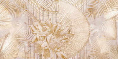 tapet personalizat floral cu flori si frunze tropicale in tonuri aurii evocand un sentiment de oaza exotica si lux golden oasis