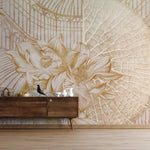 Tapet personalizat floral cu flori si frunze tropicale in tonuri aurii evocand un sentiment de oaza exotica si lux golden oasis