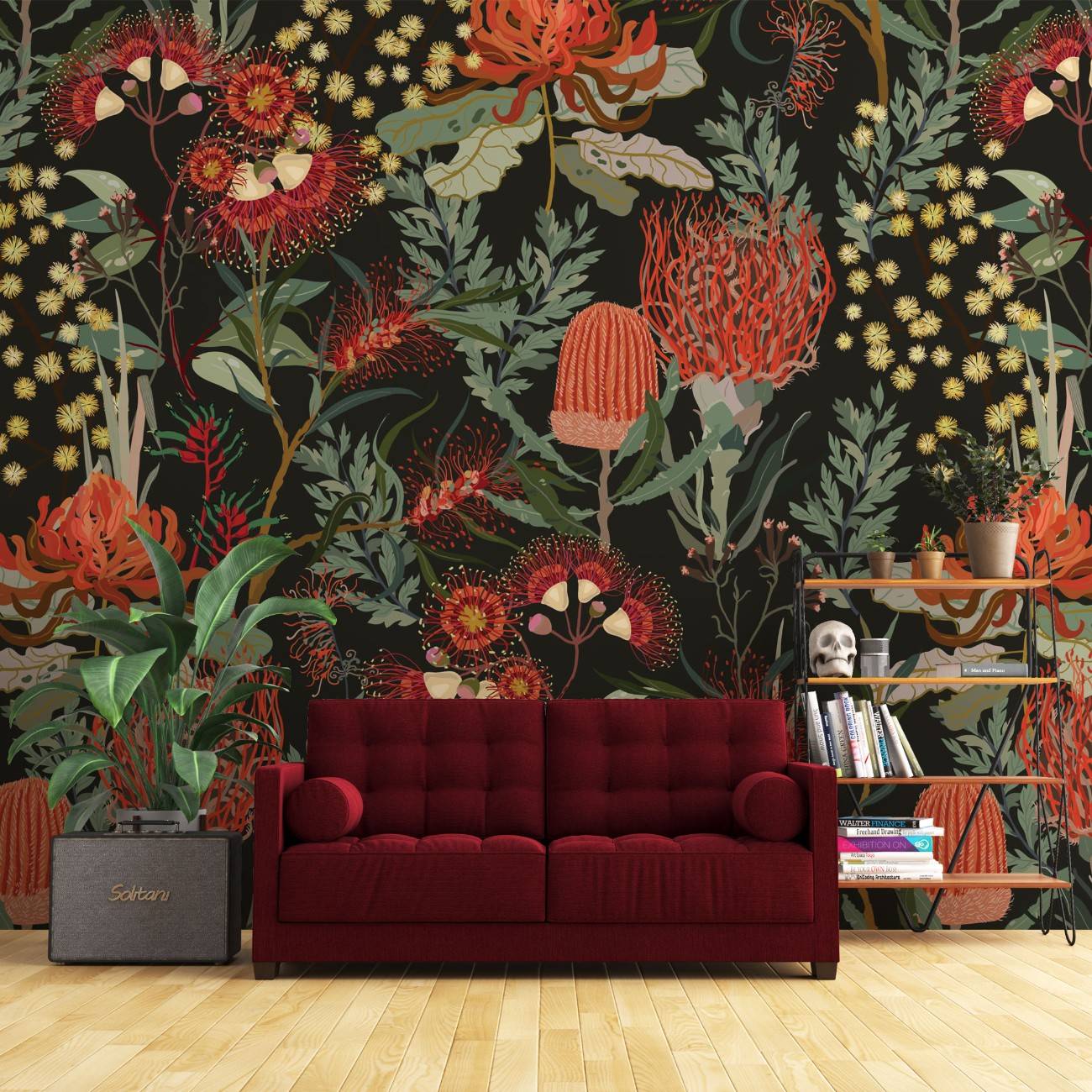 tapet personalizat floral cu un model repetitiv de flori de ciulin in nuante de rosu oferind un design indraznet si artistic red thistle pattern