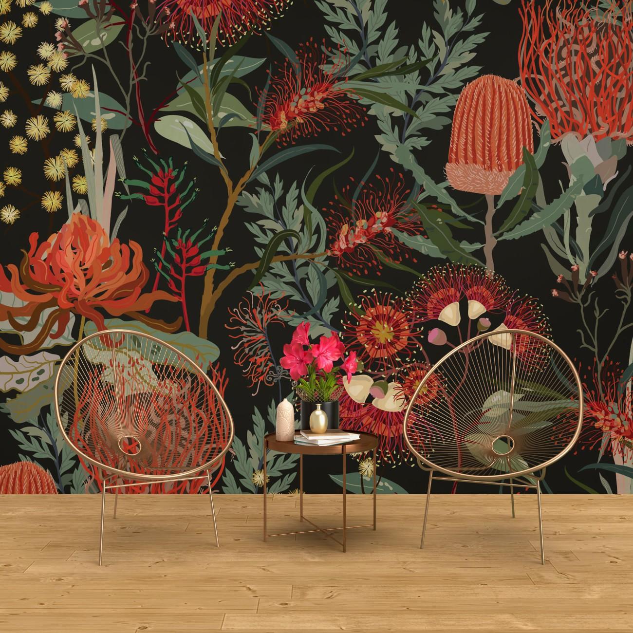 tapet personalizat floral cu un model repetitiv de flori de ciulin in nuante de rosu oferind un design indraznet si artistic red thistle pattern