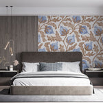 Tapet personalizat floral cu flori de bumbac in nuante delicate de albastru creand o atmosfera lejera si relaxanta blue cotton