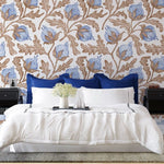 Tapet personalizat floral cu flori de bumbac in nuante delicate de albastru creand o atmosfera lejera si relaxanta blue cotton