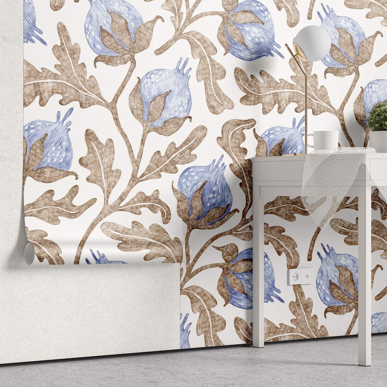 tapet personalizat floral cu flori de bumbac in nuante delicate de albastru creand o atmosfera lejera si relaxanta blue cotton