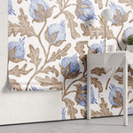 Tapet personalizat floral cu flori de bumbac in nuante delicate de albastru creand o atmosfera lejera si relaxanta blue cotton