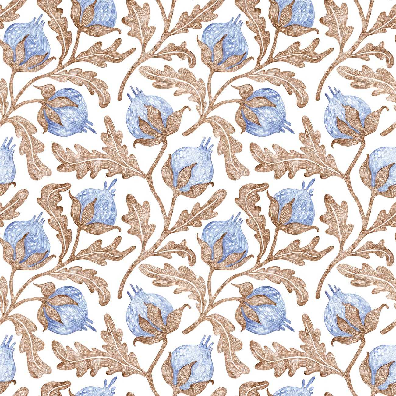 tapet personalizat floral cu flori de bumbac in nuante delicate de albastru creand o atmosfera lejera si relaxanta blue cotton