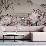Tapet Personalizat Floral cu flori de lotus si pasari in zbor - LOTUS SEED PODS