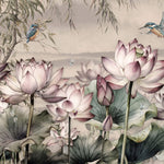 Tapet Personalizat Floral cu flori de lotus si pasari in zbor - LOTUS SEED PODS