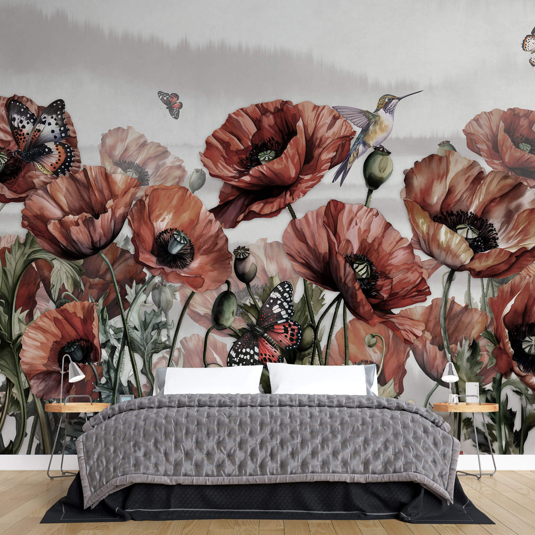 Tapet Personalizat Floral cu flori de mac si fluturi rosii - BUTTERFLY POPPIES