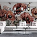 Tapet Personalizat Floral cu flori de mac si fluturi rosii - BUTTERFLY POPPIES