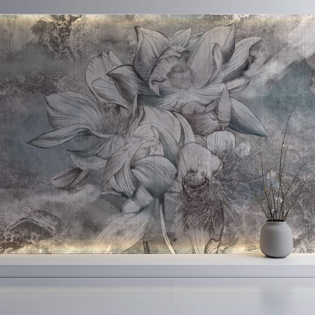 Tapet Personalizat Floral cu flori de lotus in nuante de albastru - TEXTURED LOTUS