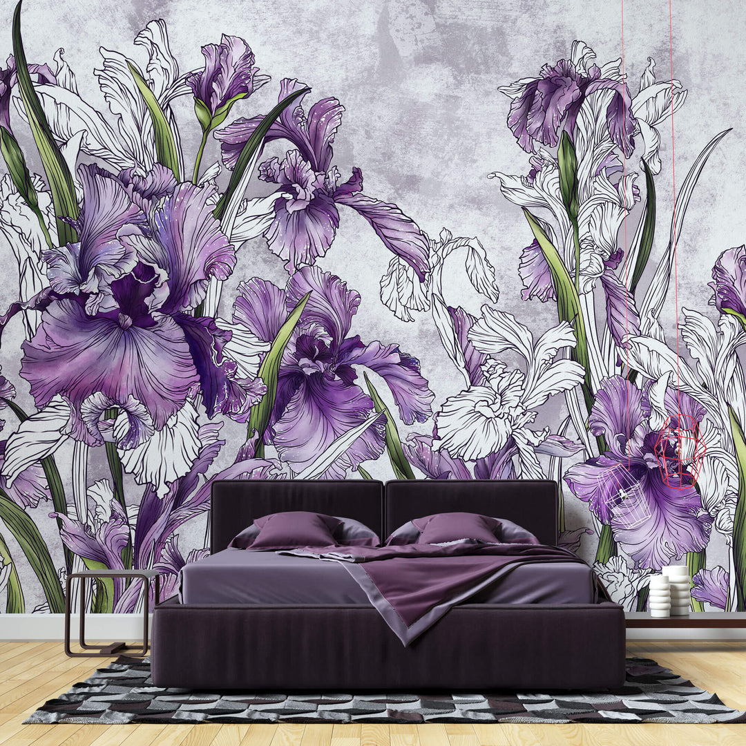 Tapet Personalizat Floral cu irisi mov pe un fundal cu efect de plaster - PURPLE IRISES