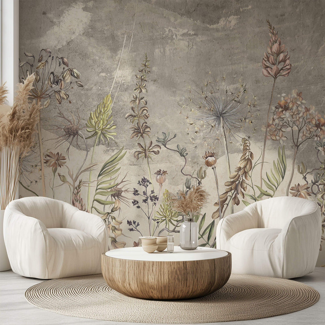 Tapet Personalizat Floralcu flori salbatice in fundal gri - LITTLE WILDFLOWERS GREY