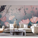 Tapet Personalizat Floral cu arta digitala florala in nuante de roz si albastru - SOFT MARINE PINK